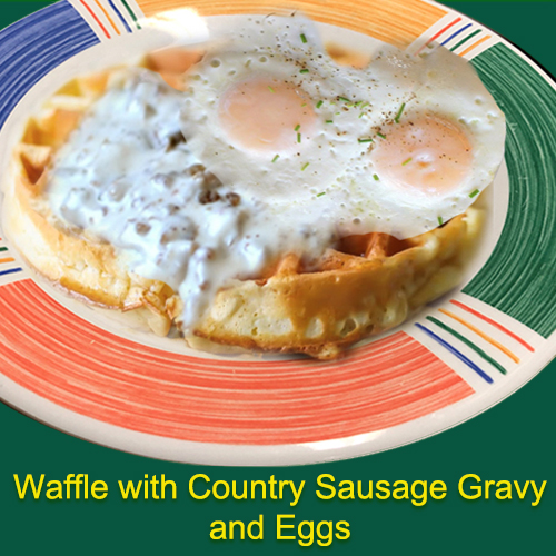 Waffle with Country Sausage garvy and eggs
